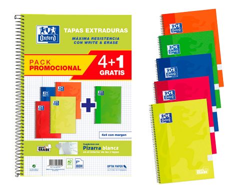 Caderno espiral oxford capa extradura folio 80 folhas quadricula 4 mm write&erase quadro pack 4+1 unidades cores vivas , Oxford , 154776 , 8412771030452